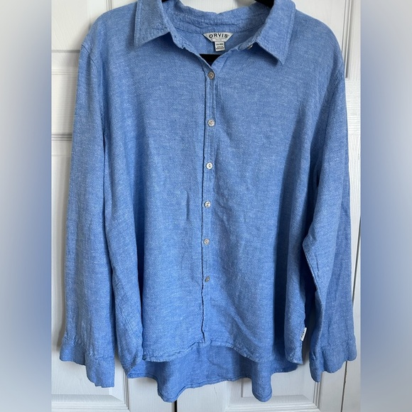 Orvis Button Up Blouse Womens Blue Linen Blend Roll Tab Sleeves Classic Size XXL - Picture 1 of 11